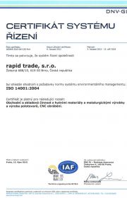 Certifikát systému řízení ISO14001 CZ